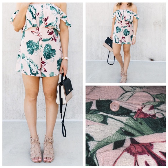 Blush Palm Print Off the Shoulder Romper - Picture 3 of 8